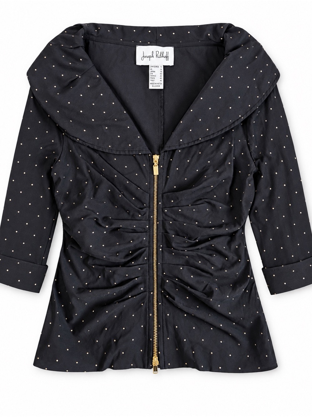 Joseph Ribkoff Black Polka Dot Ruched Zip-Up Top – Size 12
